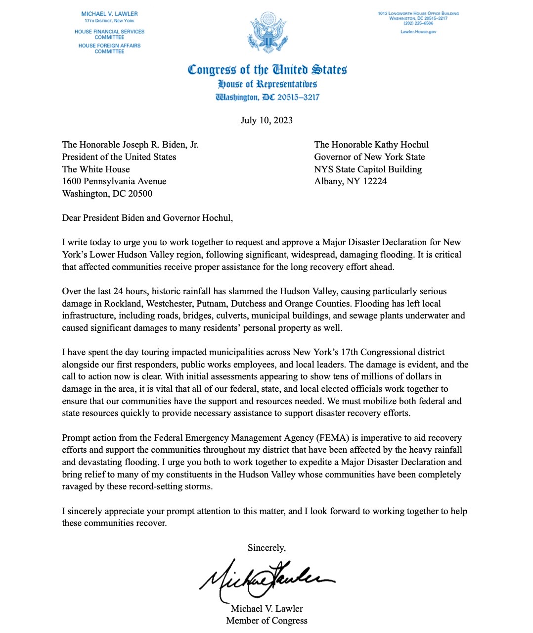 CONGRESSMAN LAWLER: HOCHUL MUST REQUEST MAJOR DISASTER DECLARATION AND ...