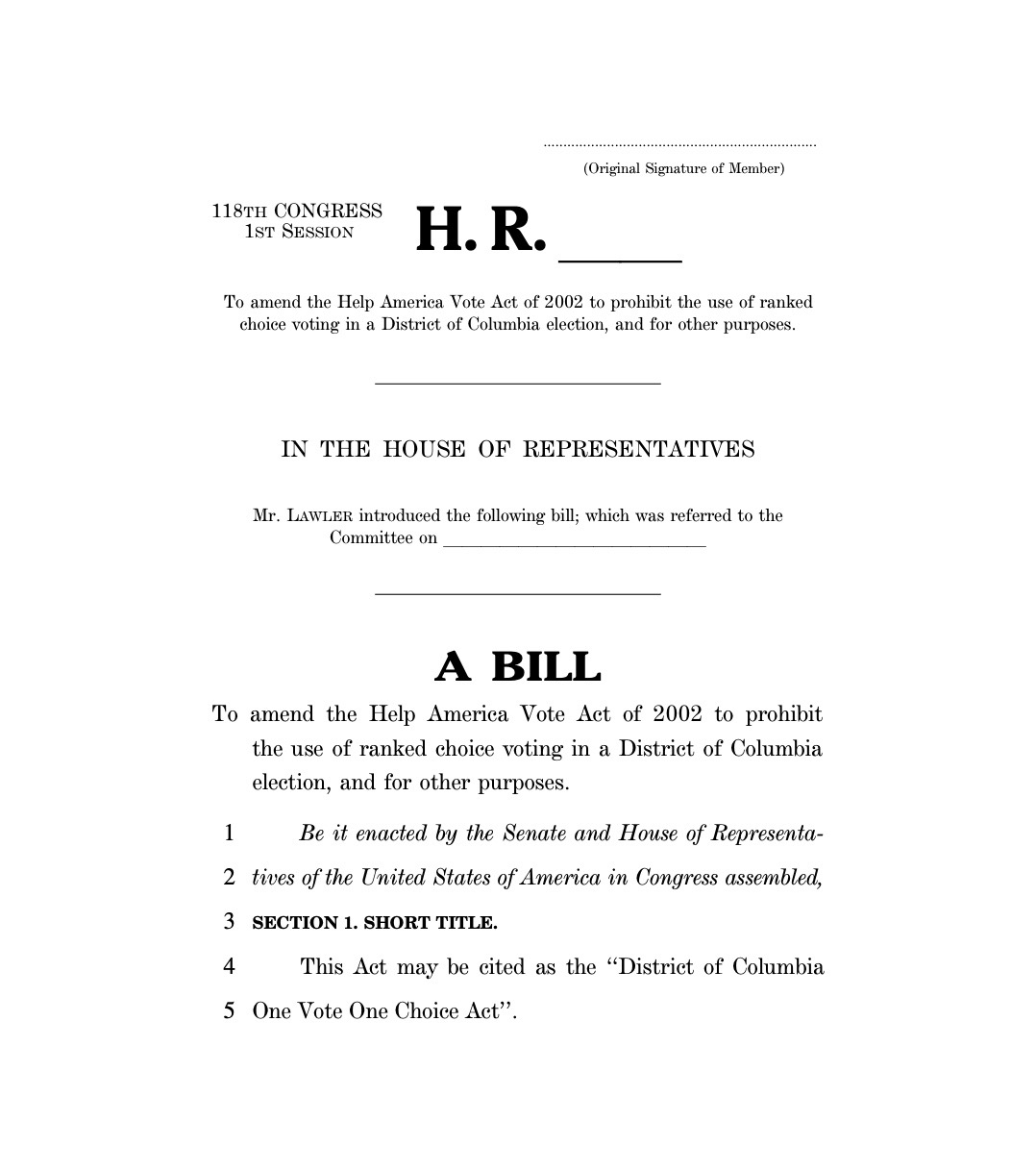 DC One Vote, One Choice Act First Page